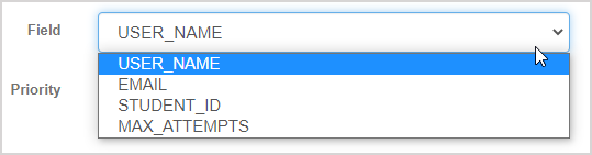 The USER_NAME option is highlighted in the Field drop-down menu.